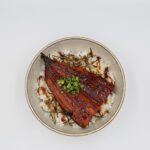 白いご飯の上に大きめの鰻の蒲焼きを一枚のせ、たれをかけて刻みねぎを散らしたシンプルな鰻丼