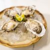 氷の上に並べた殻付きの牡蠣とライム