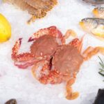 氷の上に置いたカニと魚
